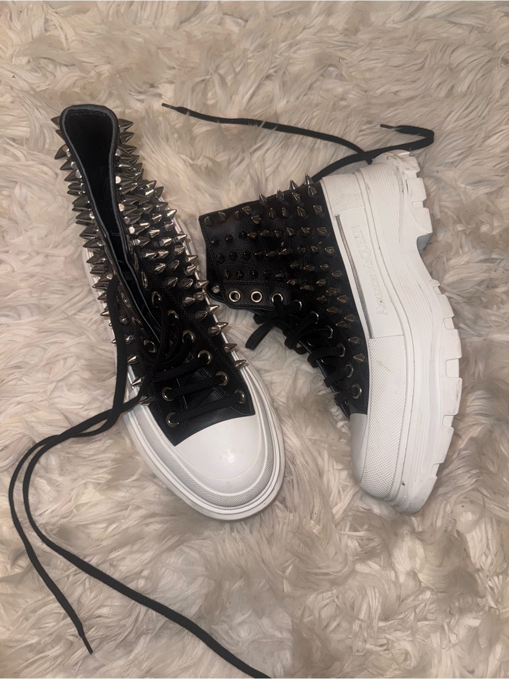 Alexander McQueen Black and White Spiked Platform Sneakers